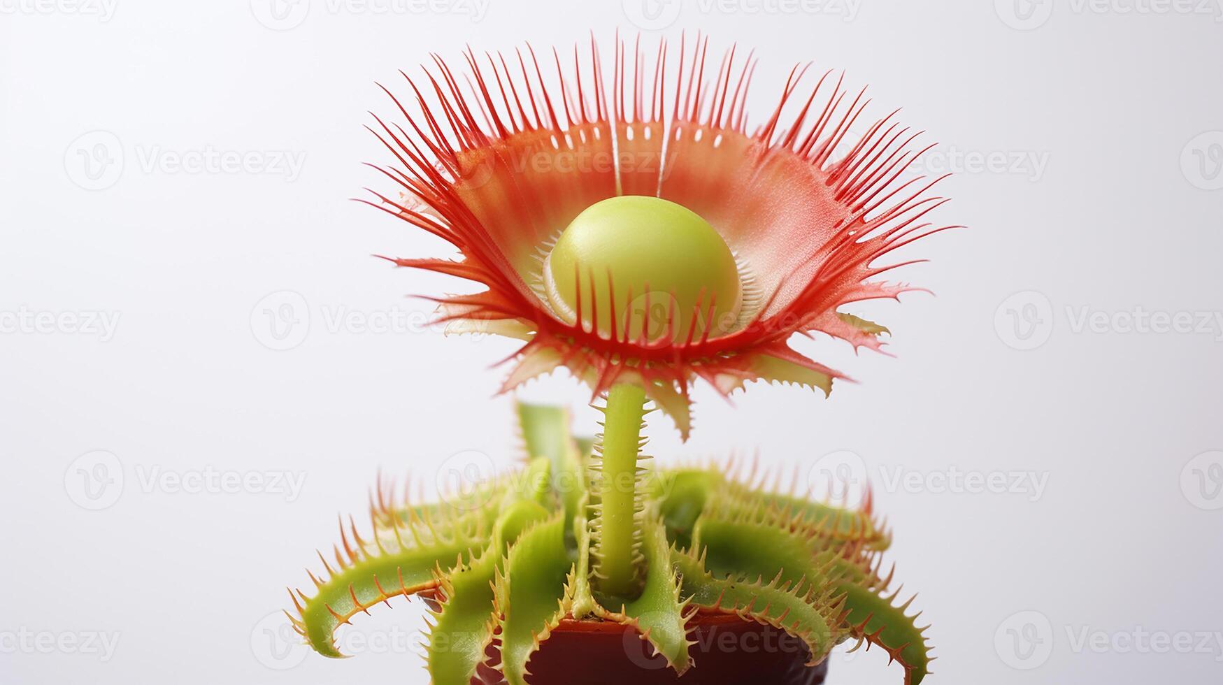 Photo of beautiful Venus Flytrap flower isolated on white background. Generative AI