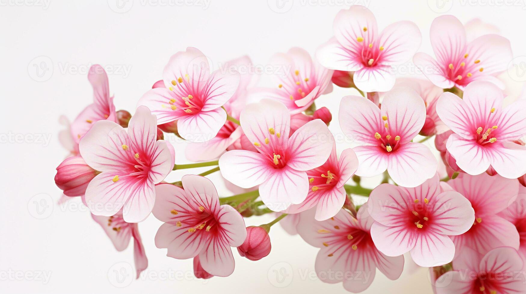 Photo of beautiful Saxifrage flower isolated on white background. Generative AI