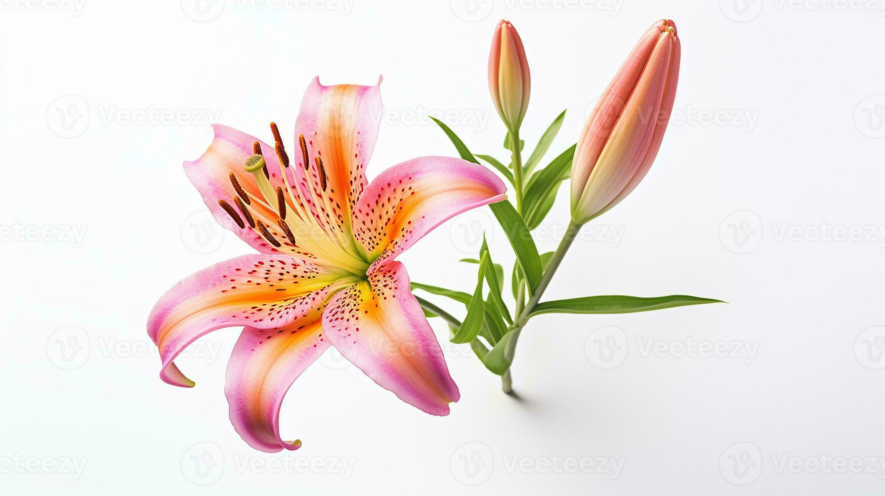 Photo of beautiful Lilium flower isolated on white background. Generative AI