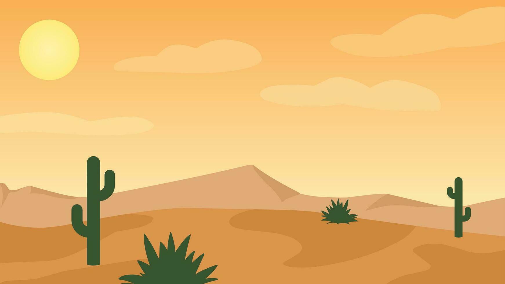 Desert landscape vector illustration. Canyon desert landscape with cactus, ridge and clear sky. American desert silhouette landscape for background, wallpaper, display or landing page