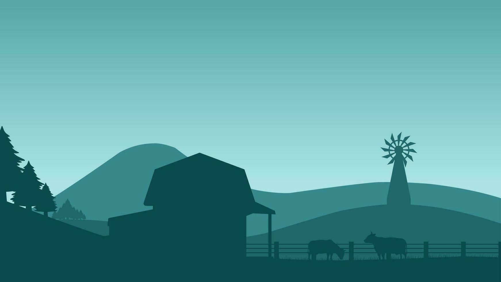 Countryside landscape vector illustration. Farm silhouette landscape with cow, barn, windmill and fence. Rural agriculture silhouette landscape for background, wallpaper, display or landing page