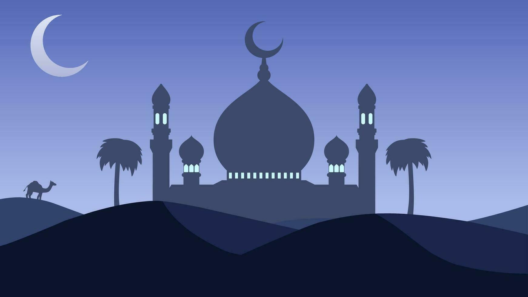 Islamic landscape vector illustration. Mosque silhouette in the desert with crescent moon. Background landscape for islam religion and muslim faith. Wallpaper design of desert with mosque and palm