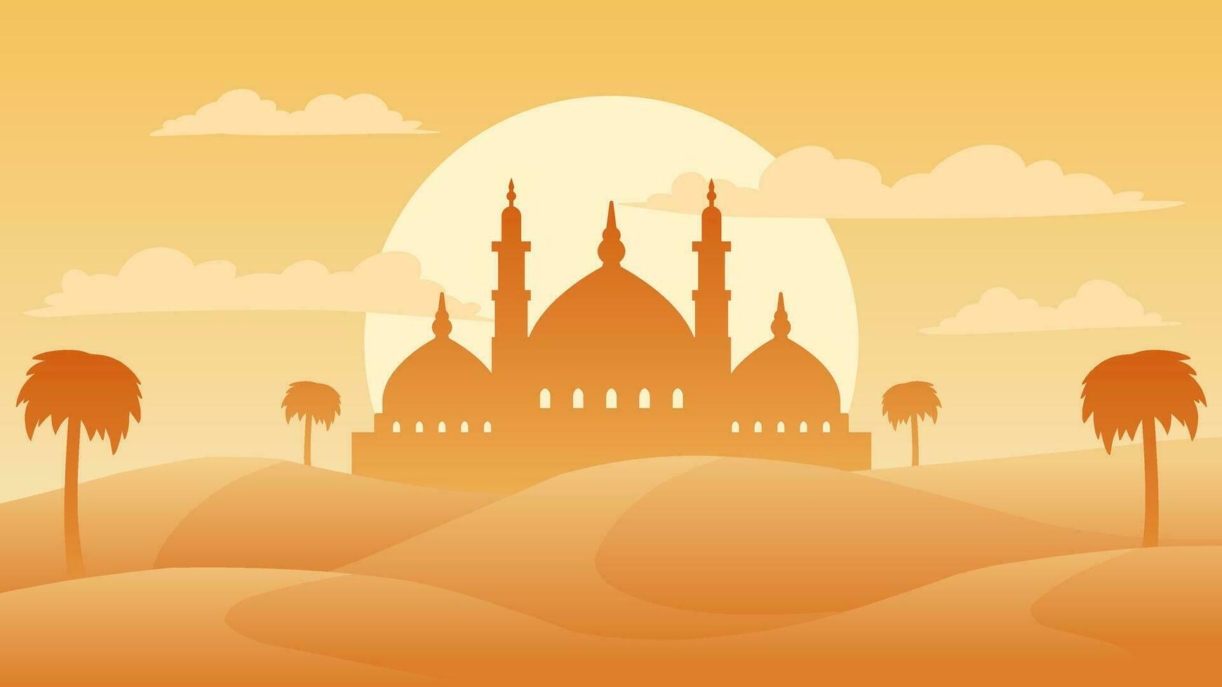 Islamic landscape vector illustration. Mosque silhouette in the desert with palm tree. Background landscape for islam religion and muslim faith. Wallpaper design of desert with mosque and sun