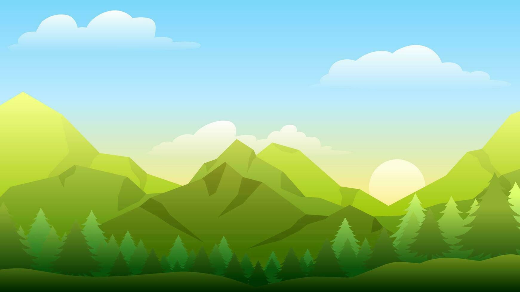 montaña paisaje vector ilustración. verde montañas cresta con Mañana cielo. montaña rango paisaje para fondo, fondo de pantalla, monitor o aterrizaje página. vector degradado estilo antecedentes