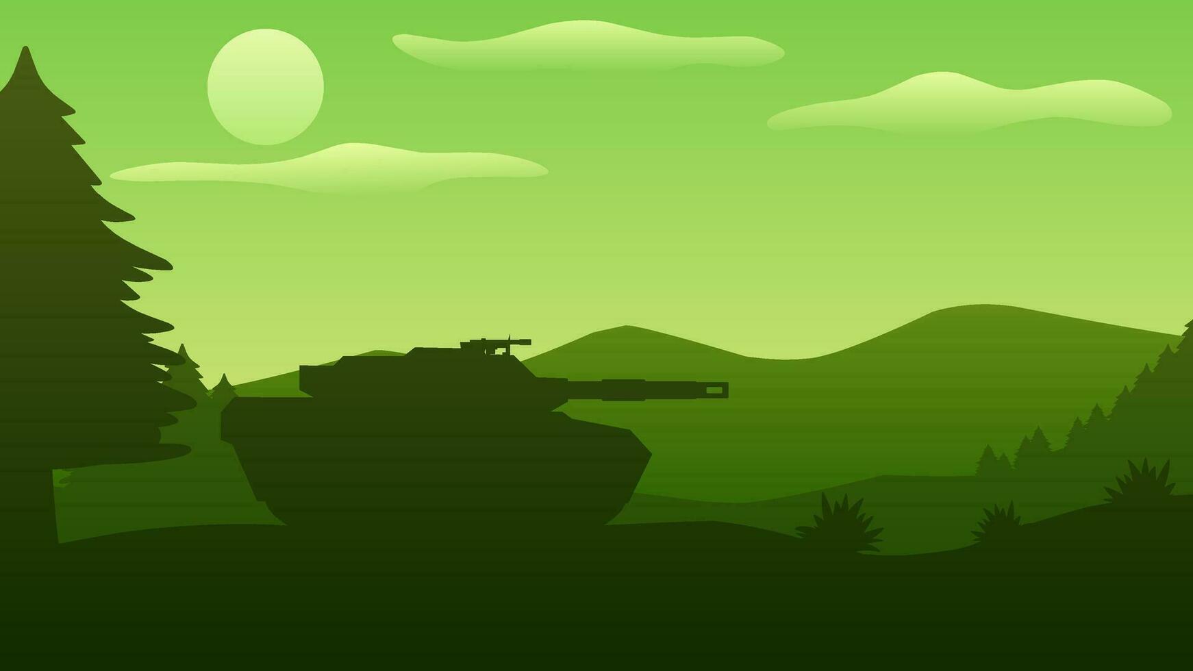 Military landscape vector illustration. Military tank in the pine forest. Battleground silhouette landscape for background, wallpaper, display or landing page. Silhouette of tank in forest battlefield