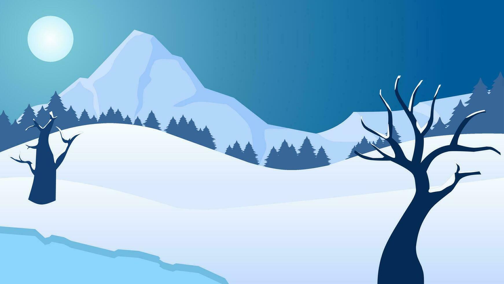 Winter landscape vector illustration. Winter background with frozen lake and dead tree. Silhouette of cold season landscape for background, wallpaper, display or landing page. Snow landscape with pine