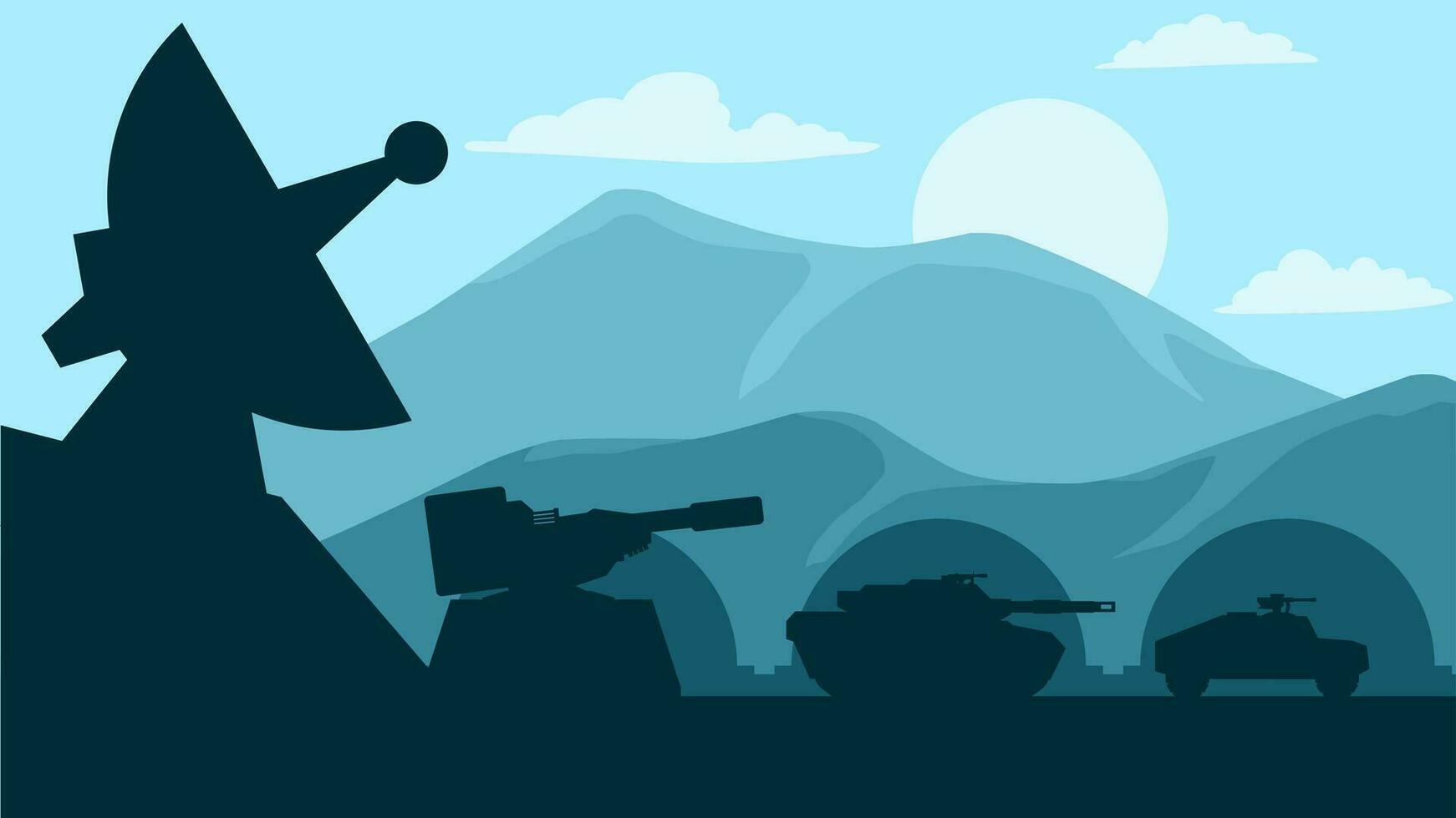 Military landscape vector illustration. Military base with turret and tank. Military silhouette landscape for background, wallpaper, display or landing page. Silhouette of armored vehicle on mountain