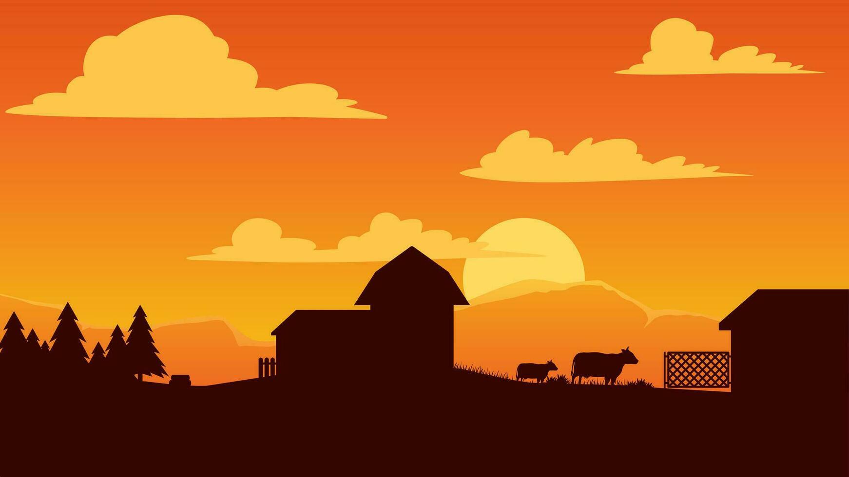 campo paisaje vector ilustración. granja paisaje silueta con puesta de sol cielo. rural agricultura silueta paisaje para fondo, fondo de pantalla, monitor o aterrizaje página