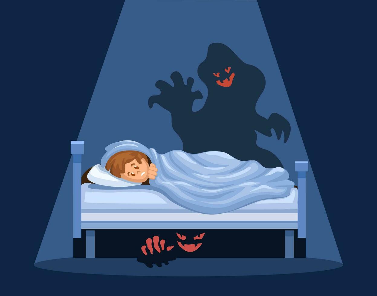 niño temeroso monstruo debajo cama mientras dormir escena ilustración dibujos animados ilustración vector