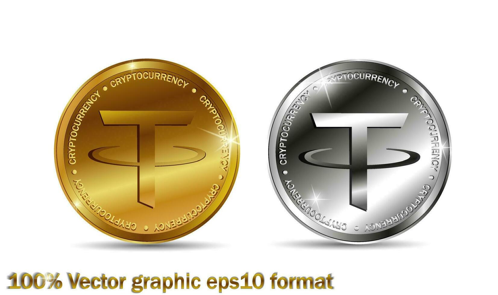 Golden and silver tether coin. Crypto currency golden and silver coin tether symbol isolated on white background. Realistic vector illustration