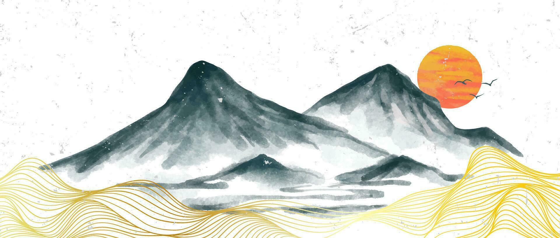 Abstract Mountain landscape watercolor painting illustration. Abstract contemporary aesthetic backgrounds landscapes. with mountains, hill, sun and line art vector