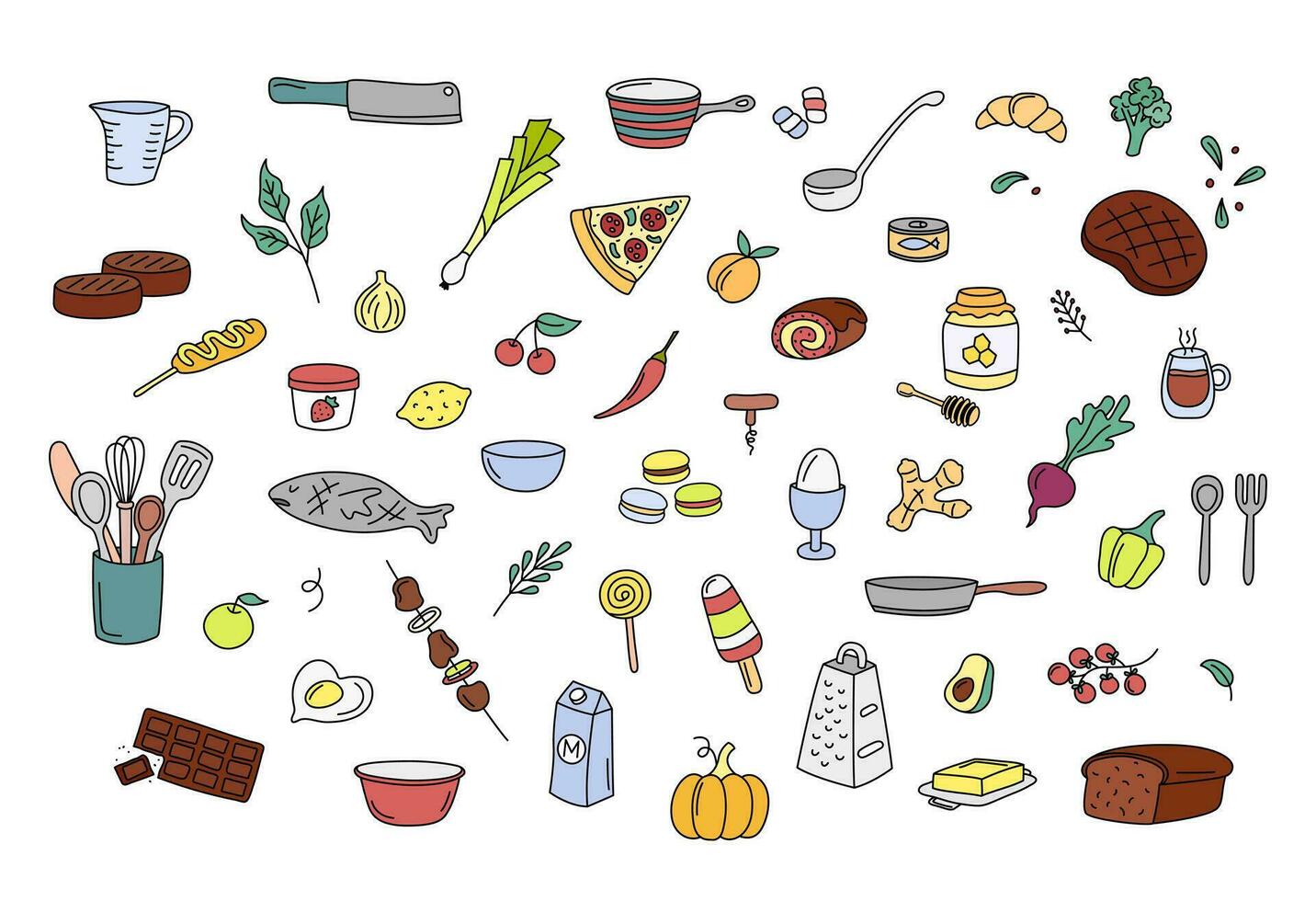Cooking doodles, kitchen elements vector set. Cute colorful doodle illustrations collection of utensils, kitchenware, food, meal ingredients. Outline fruits, vegetables, bakery, cookware