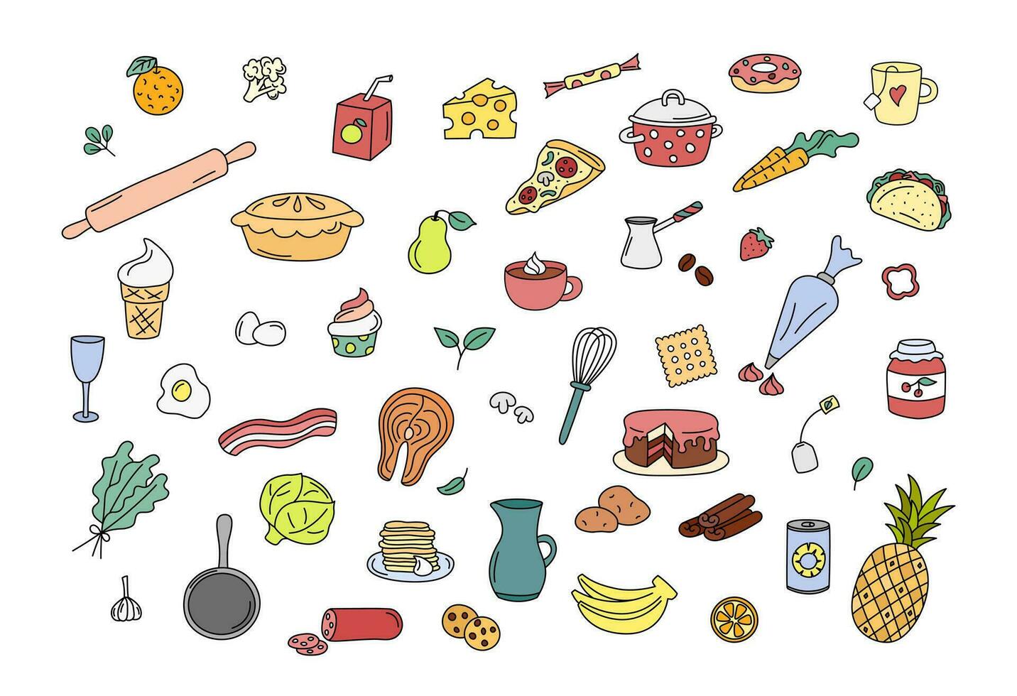 Cooking doodles, kitchen elements vector set. Cute colorful doodle illustrations collection of utensils, kitchenware, food, meal ingredients. Outline fruits, vegetables, bakery, cookware