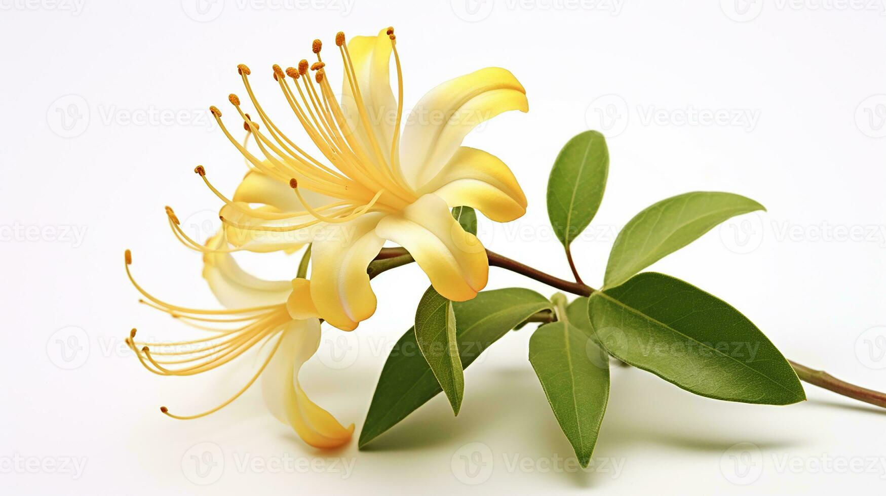 Photo of beautiful Honeysuckle flower isolated on white background. Generative AI