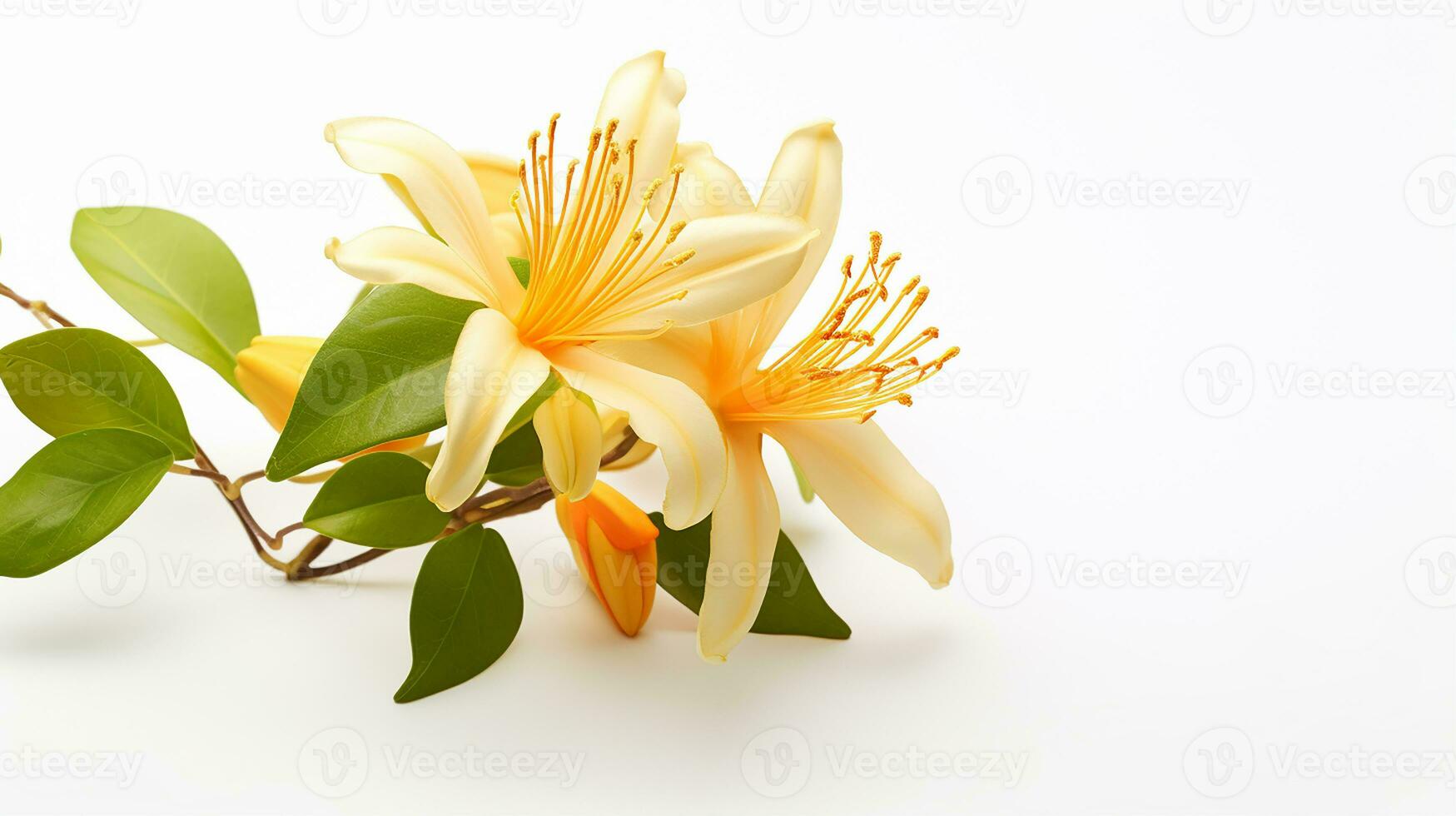 Photo of beautiful Honeysuckle flower isolated on white background. Generative AI
