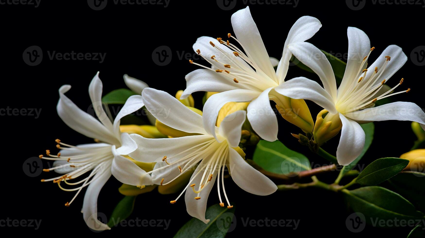 Photo of beautiful Honeysuckle flower isolated on white background. Generative AI