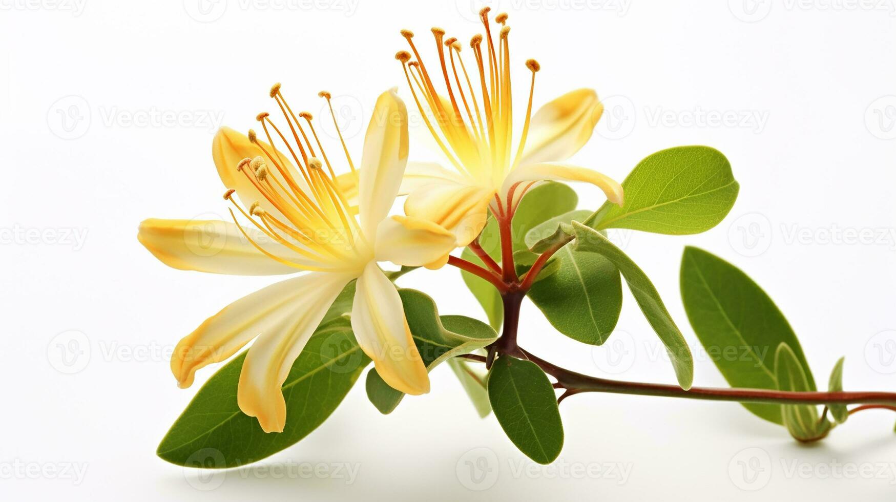 Photo of beautiful Honeysuckle flower isolated on white background. Generative AI