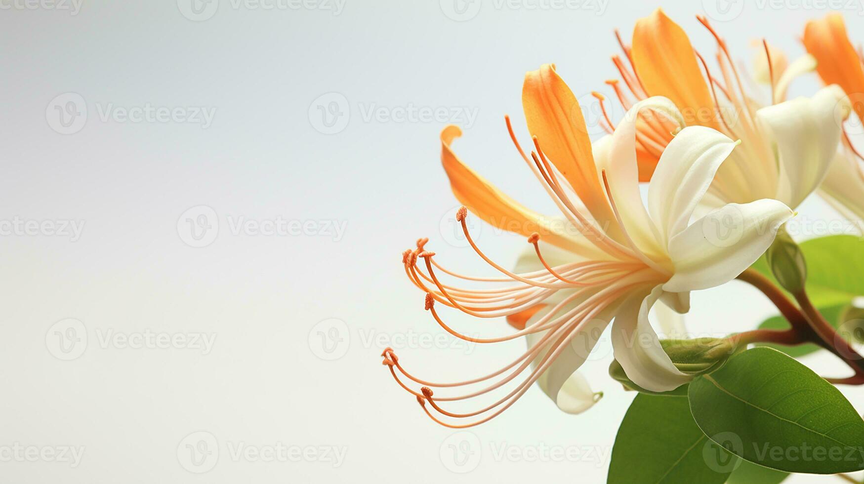 Photo of beautiful Honeysuckle flower isolated on white background. Generative AI