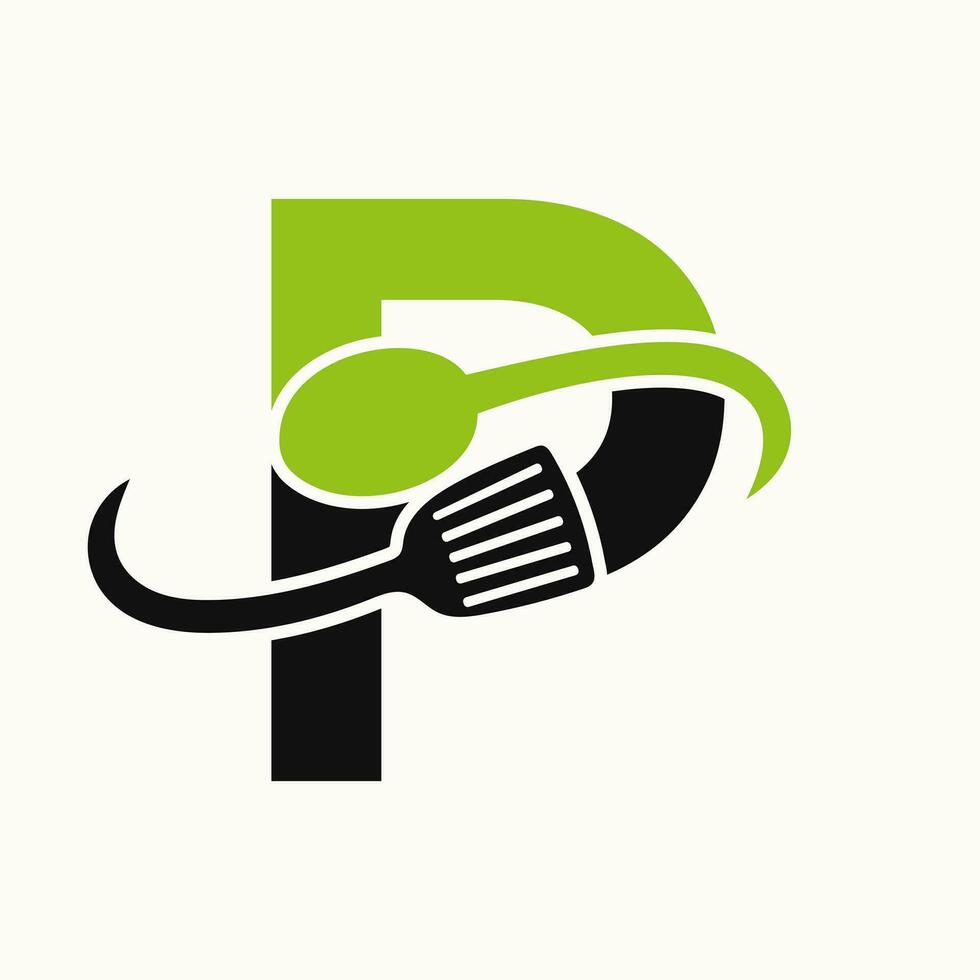 Letter P Restaurant Logo Combined with Spatula and Spoon Icon vector