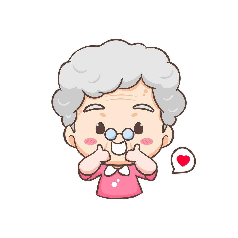 Cute Grand mother show thumbs up cartoon character. People expression concept design. Isolated background. Vector art illustration.