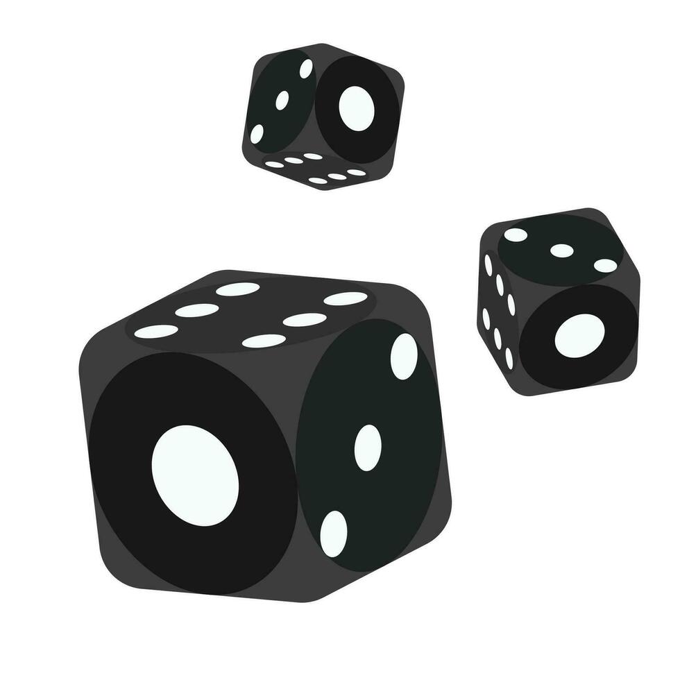 Vector three vector black casino falling dice with white dots isolated on background