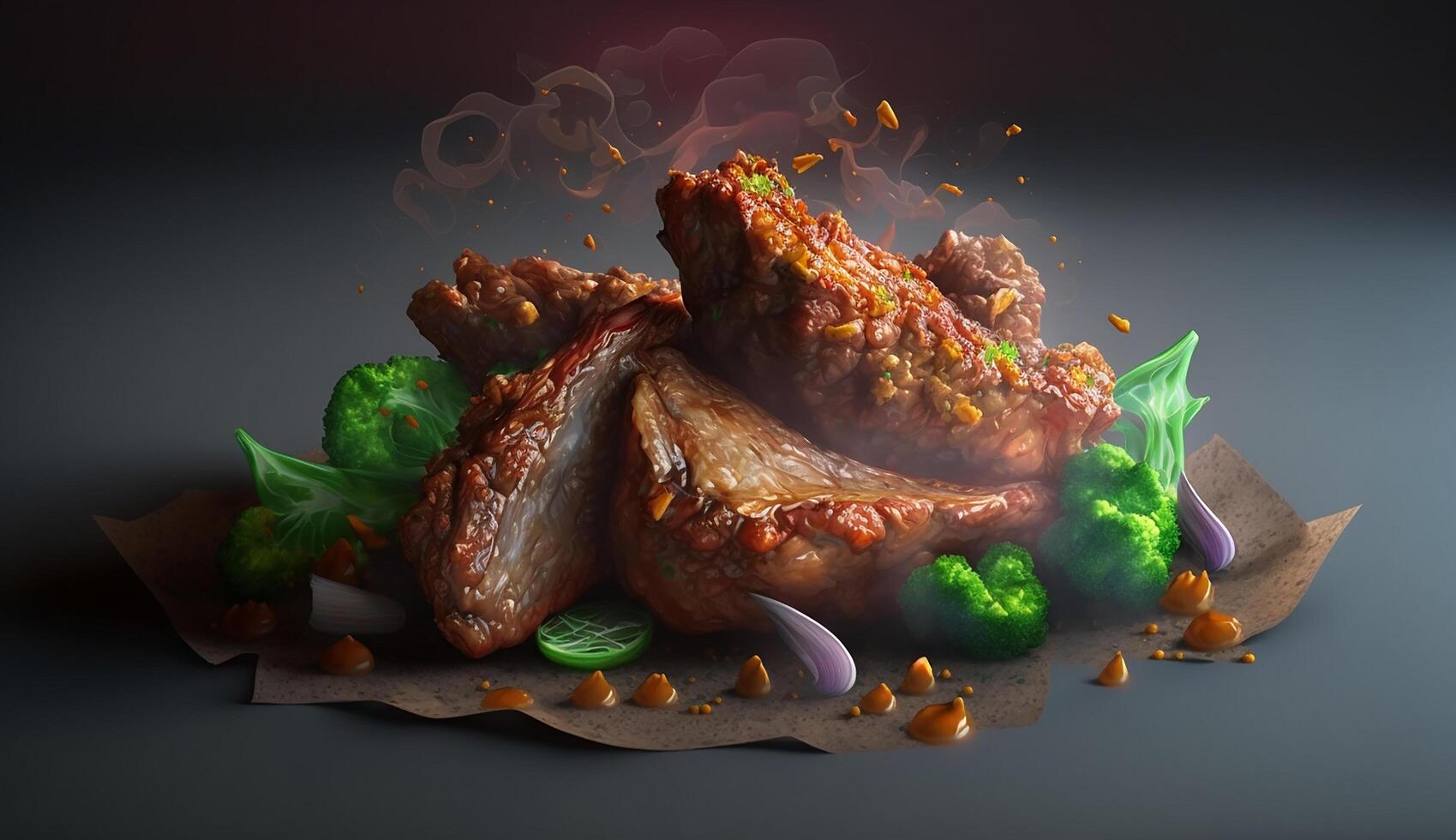 grilled beef fillet steaks with herbs and spices on dark background. photo