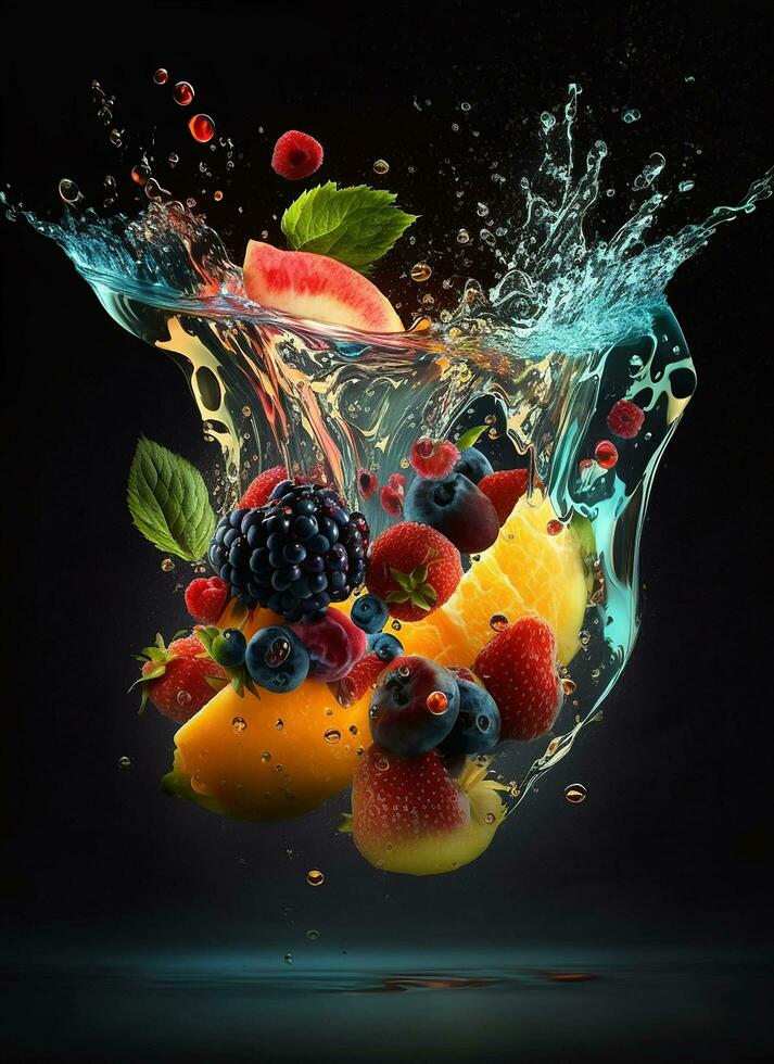 Splashing fruit on water. Fresh Fruit and Vegetables being shot as they submerged under water. Ai Generative photo