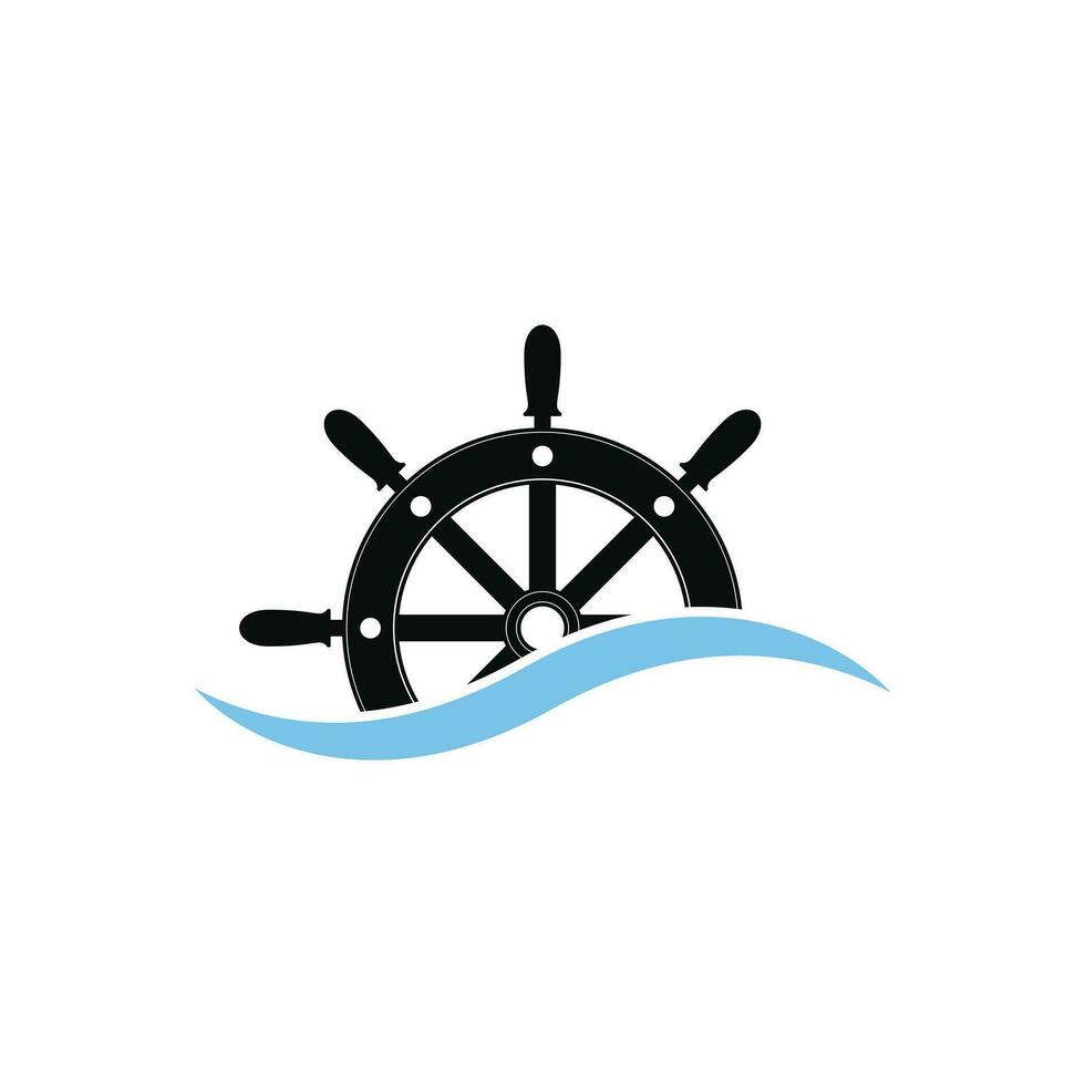 Steering Wheel Ship with Ocean Sea Wave Logo Design Ideas vector