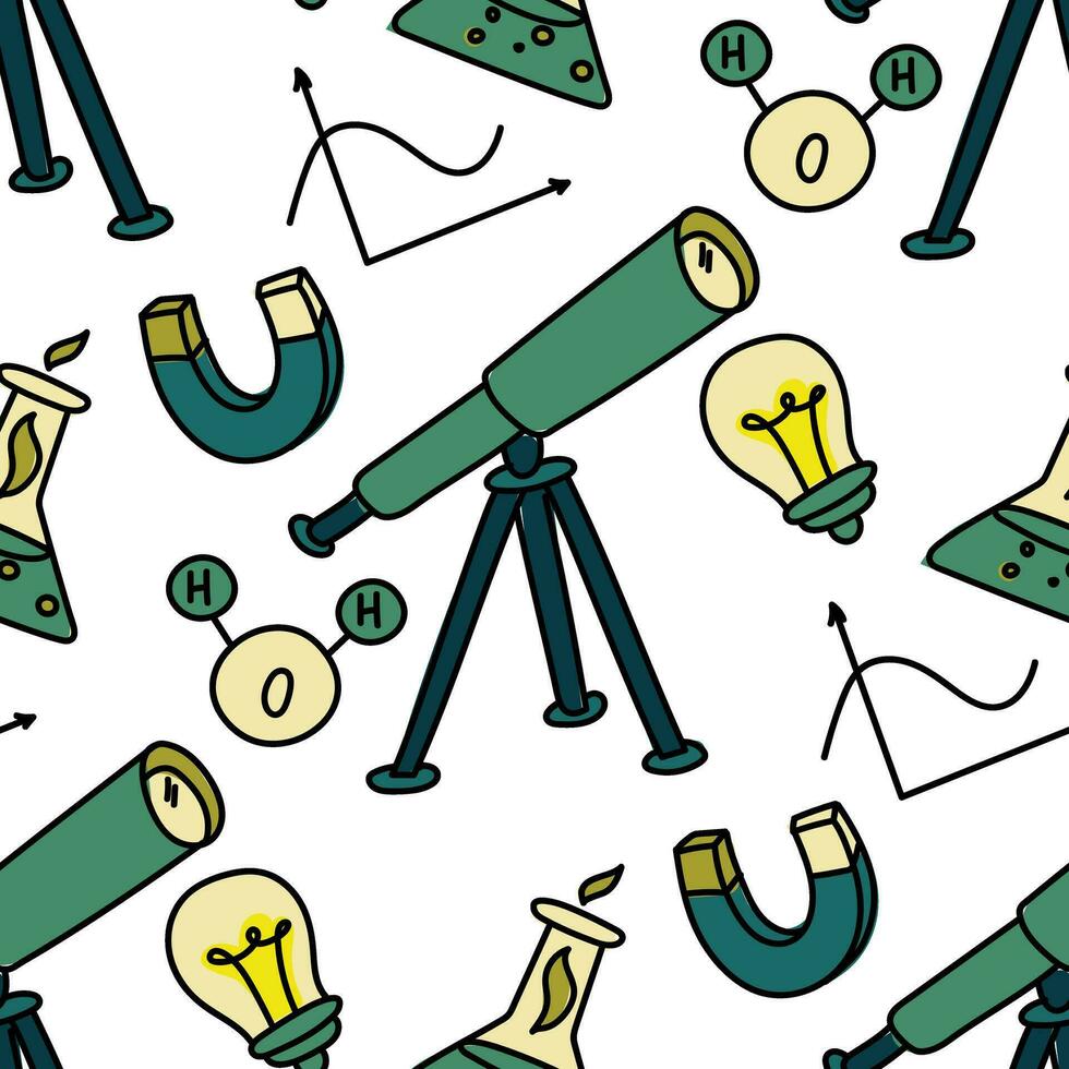 Seamless pattern with badges in the field of natural sciences chemistry, biology, physics, laboratories demonstrating various experiments, glassware, light bulb, telescope, magnet, formula vector