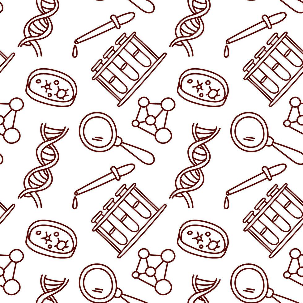Pattern doodle science biology. Texture for school. Back to school, biology lesson. Objects for the lesson pipette, flask, test tube, dna, magnifying glass on a white background vector