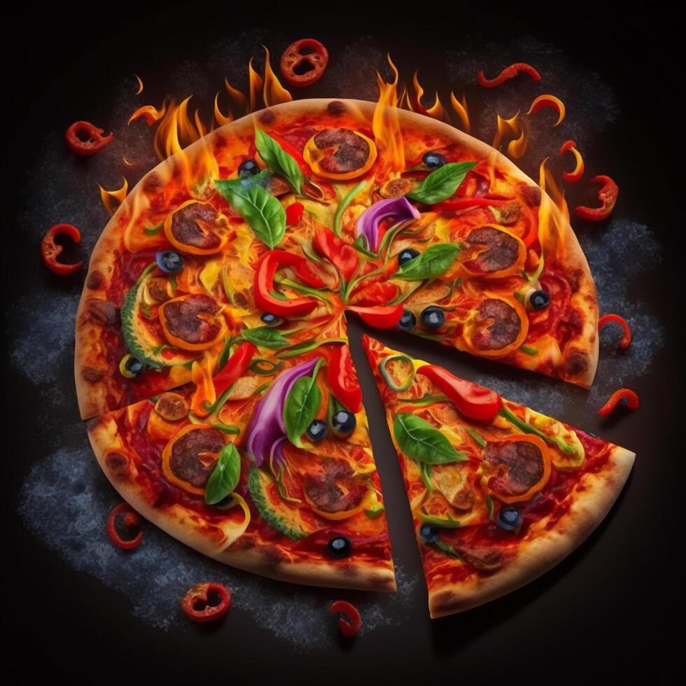 Hot tasty pizza with fire flames on dark background. Image for menu or poster. photo