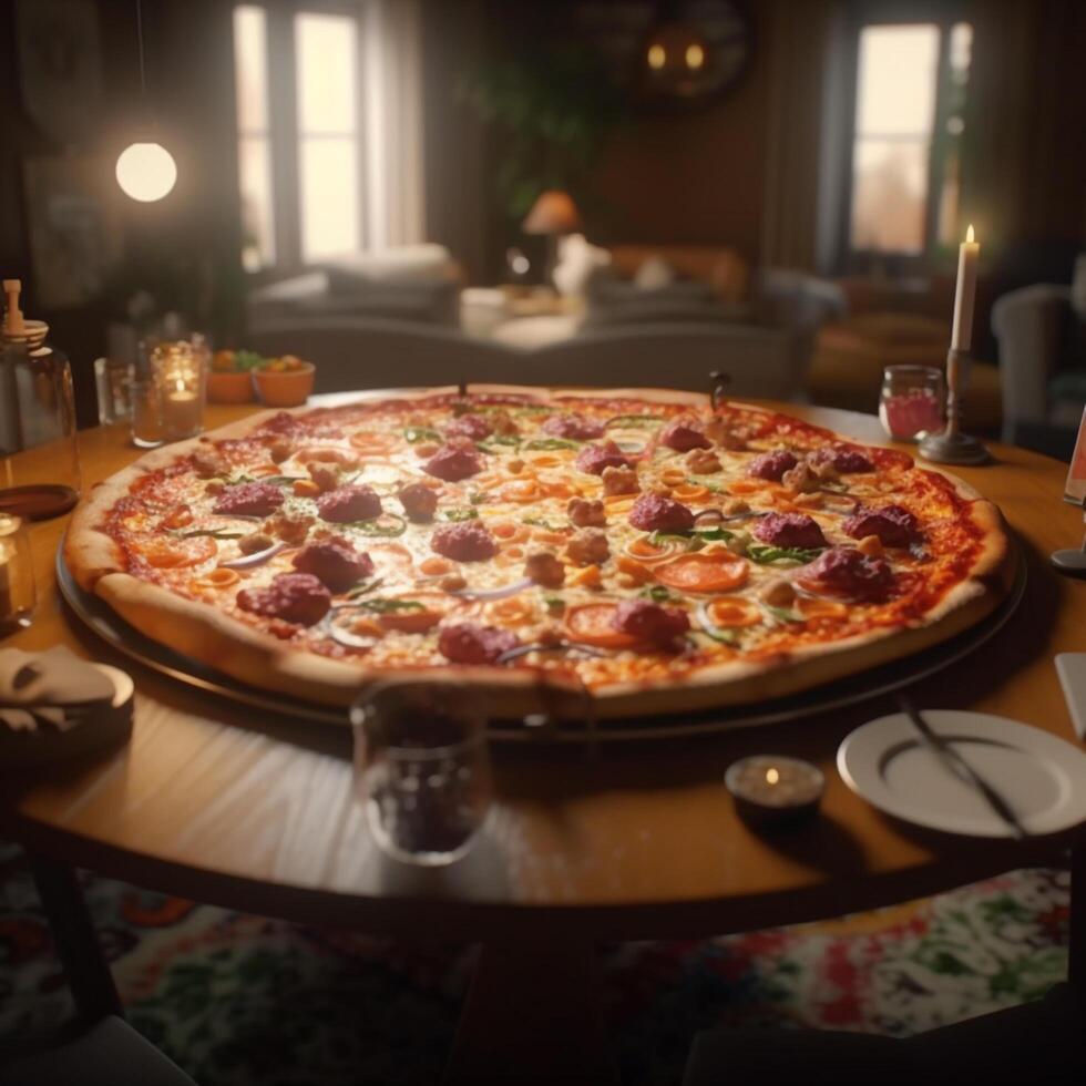 Hot tasty pizza with fire flames on dark background. Image for menu or poster. photo