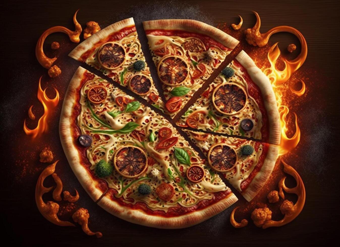 Hot tasty pizza with fire flames on dark background. Image for menu or poster. photo