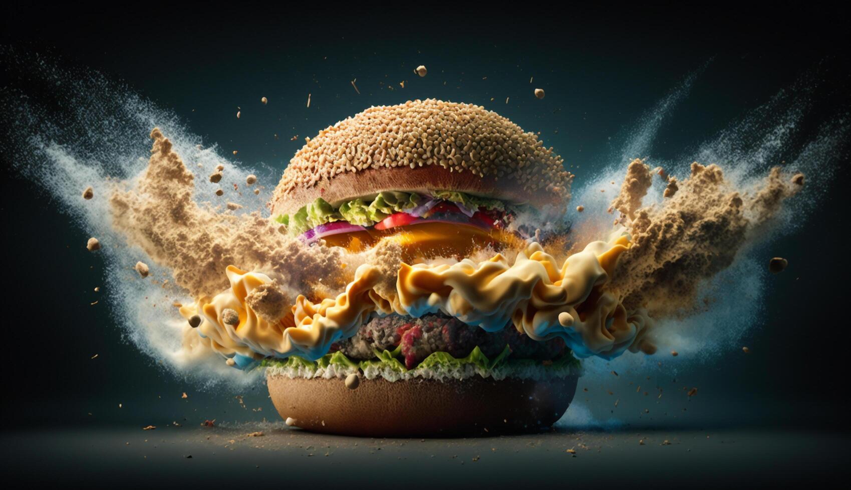 Hamburger with floating ingredients on dark background. Creative still life concept and advertisement. photo