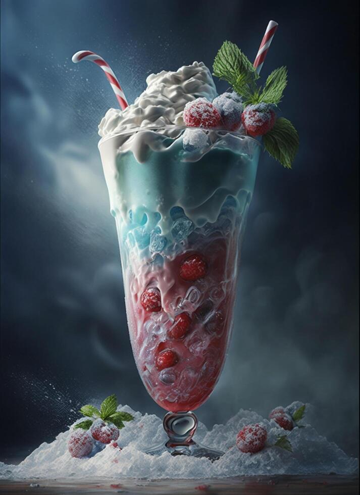 Fresh juice and smoothies with berries, fruits on dark background. photo