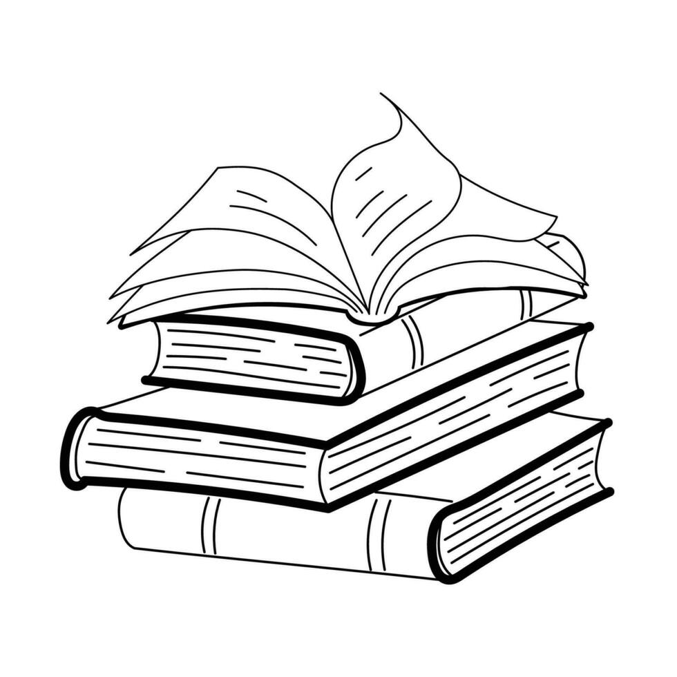 Vector hand draw open book lying on high stack of books isolated