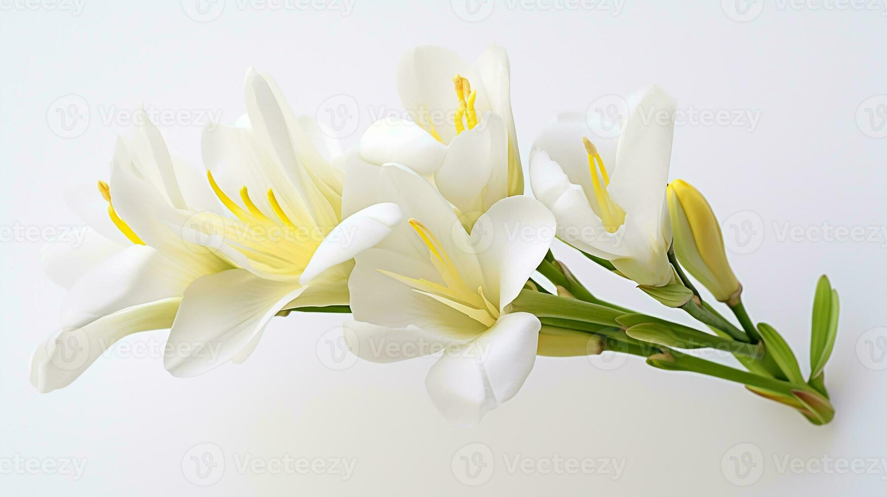 Photo of beautiful Freesia flower isolated on white background. Generative AI