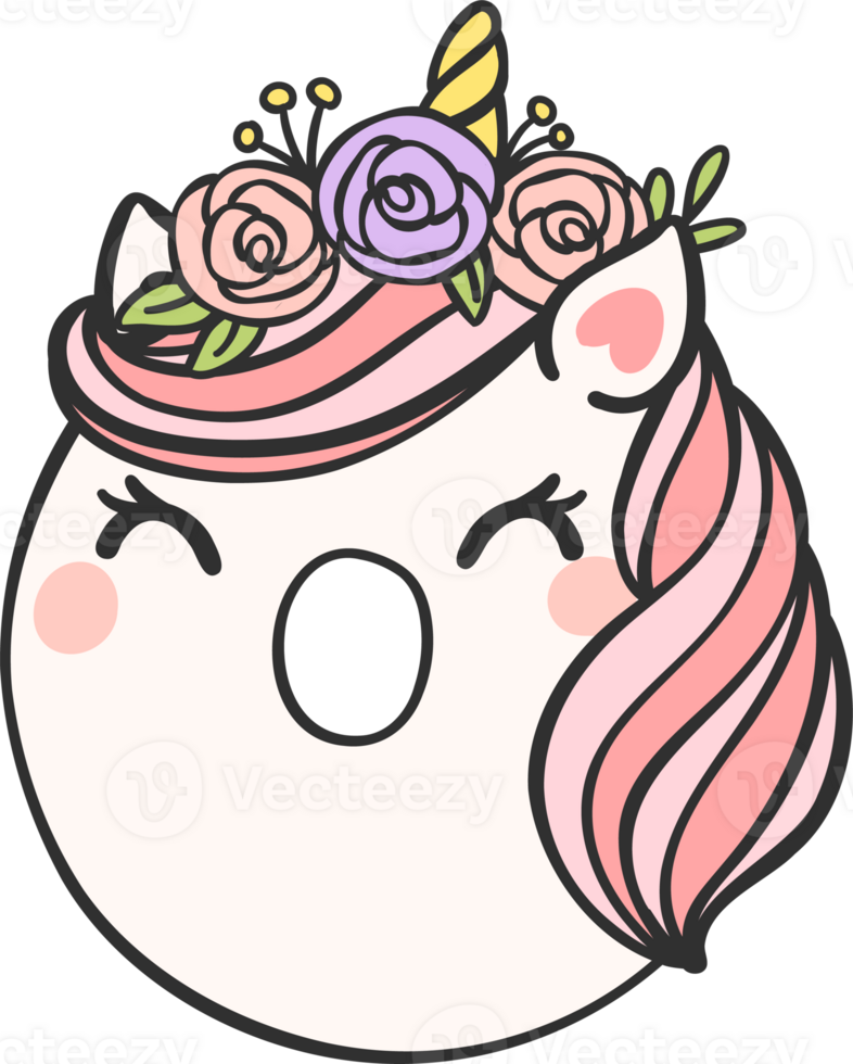 cute pink unicorn doodle number 0 zero with flower crown kawaii cartoon illustration png