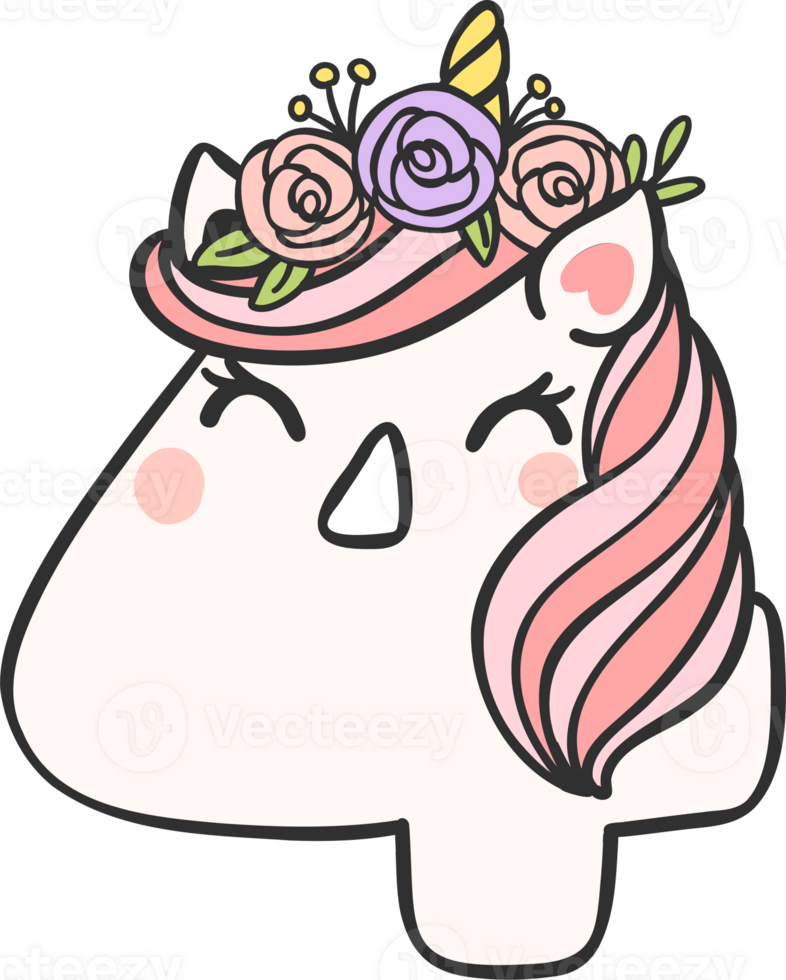 cute unicorn doodle number 4, four with flower crown kawaii cartoon illustration png