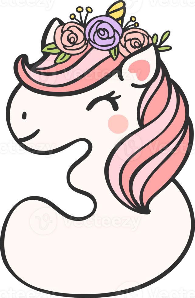 cute unicorn doodle number 3, three with flower crown kawaii cartoon illustration png