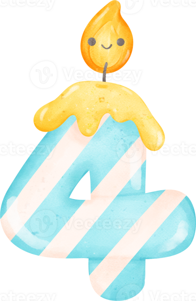 cute blue  birthday candle doodle number 4, four with smile light cartoon children watercolor illustration png