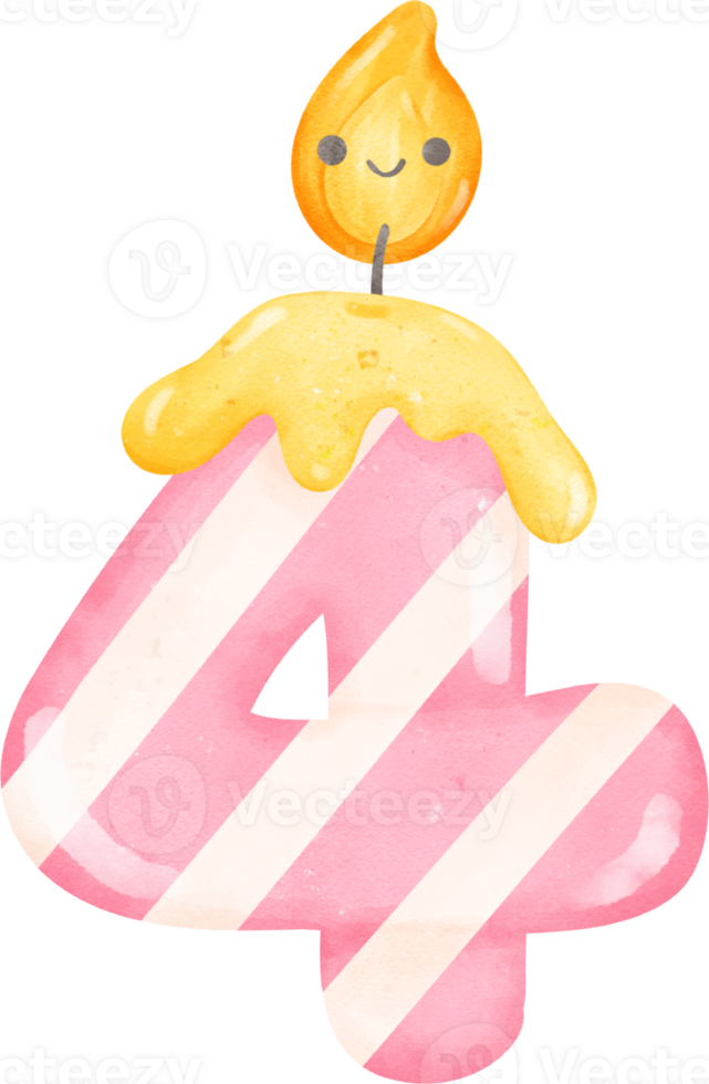cute pink birthday candle doodle number 4, four with smile light cartoon children watercolor illustration png
