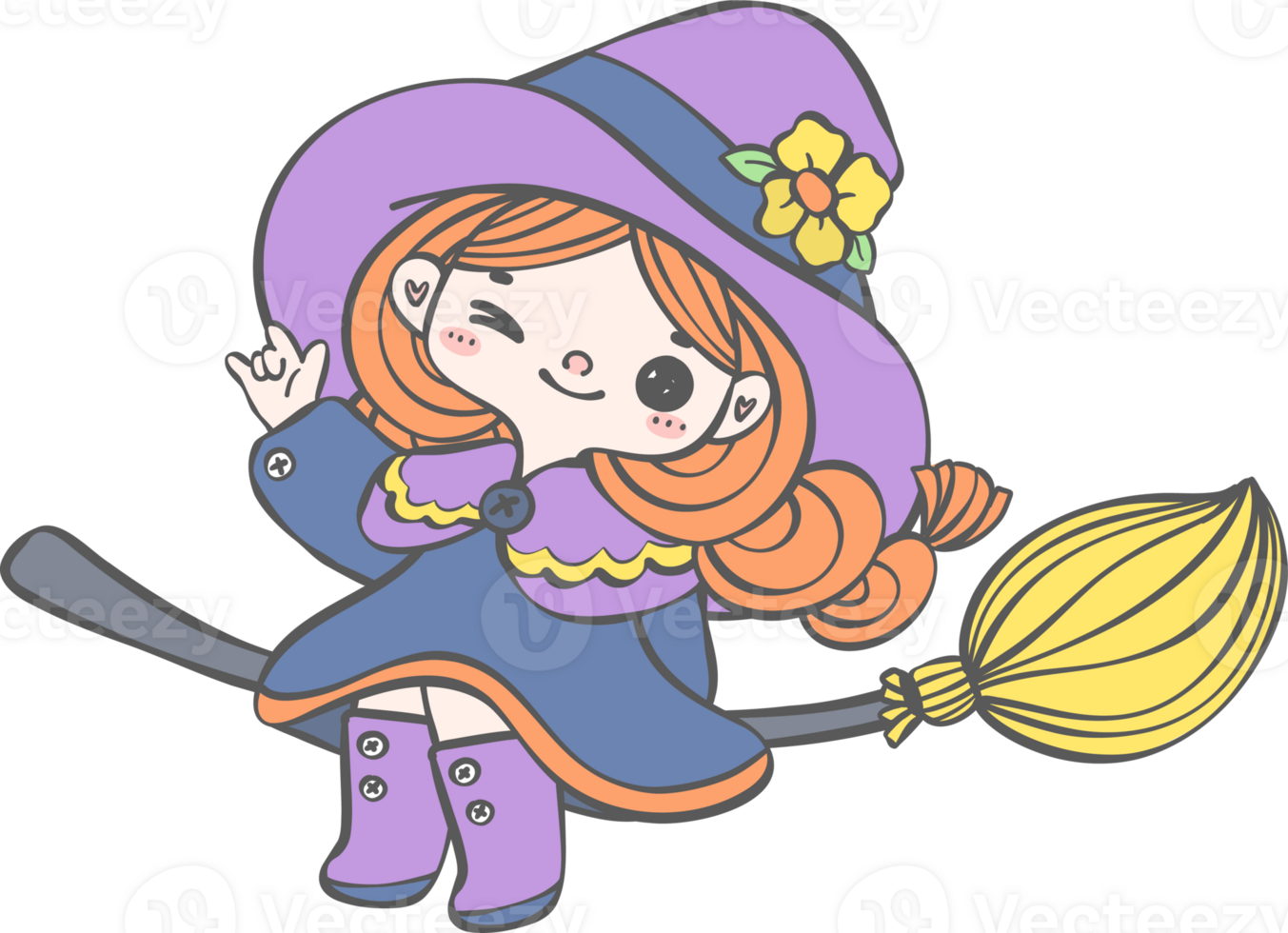 Cute whimsical Halloween Witch Doodle hand drawing Fantasy Style png