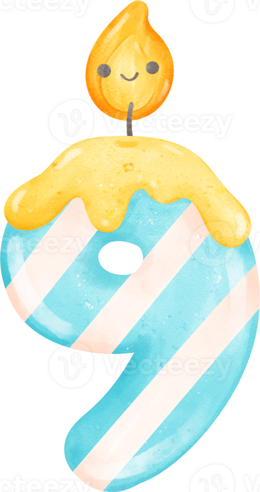 cute blue  birthday candle doodle number 9, nine with smile light cartoon children watercolor illustration png