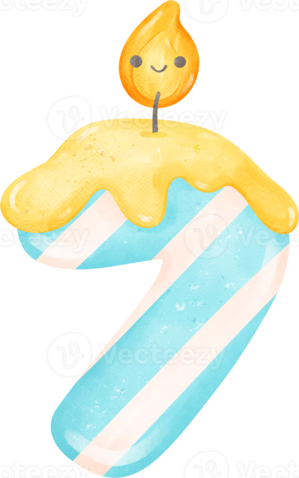 cute blue  birthday candle doodle number 7, seven with smile light cartoon children watercolor illustration png
