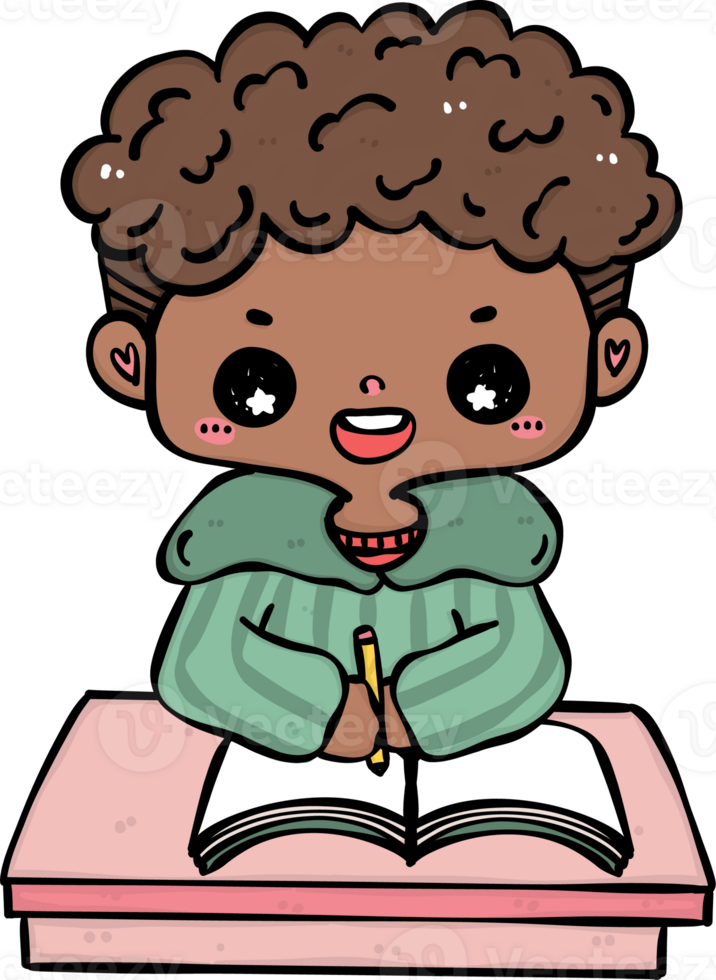 Focused on studying Student black boy vibrant cartoon Doodle. Back to
