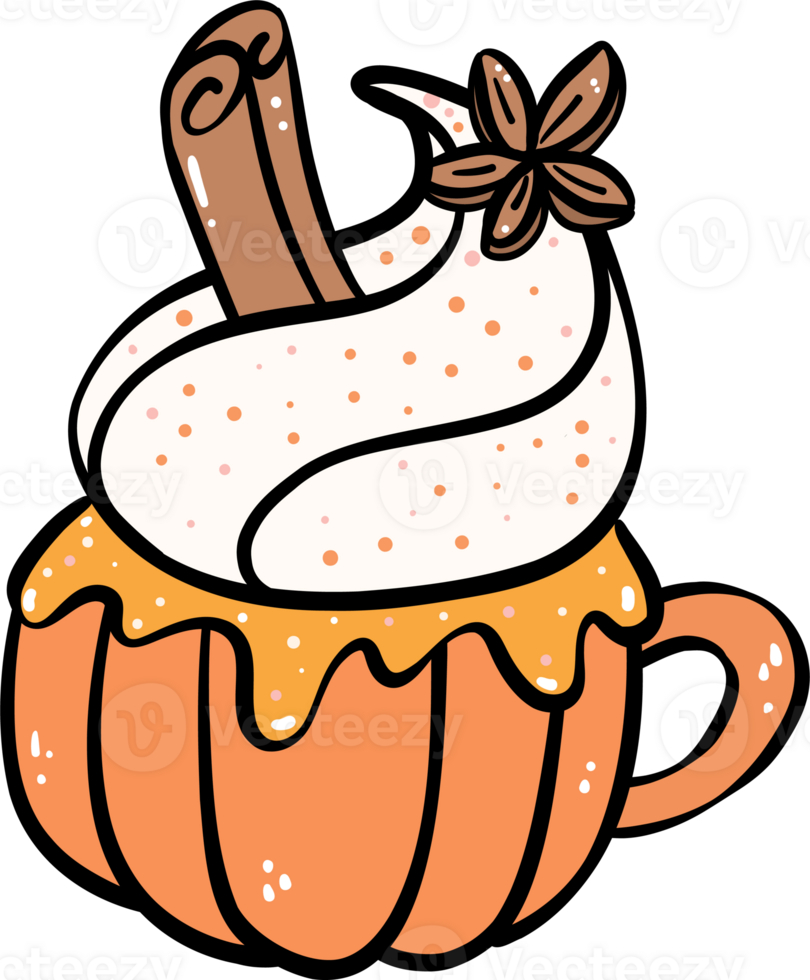 Cute Pumpkin Spice coffee drink cartoon doodle outline illustration png