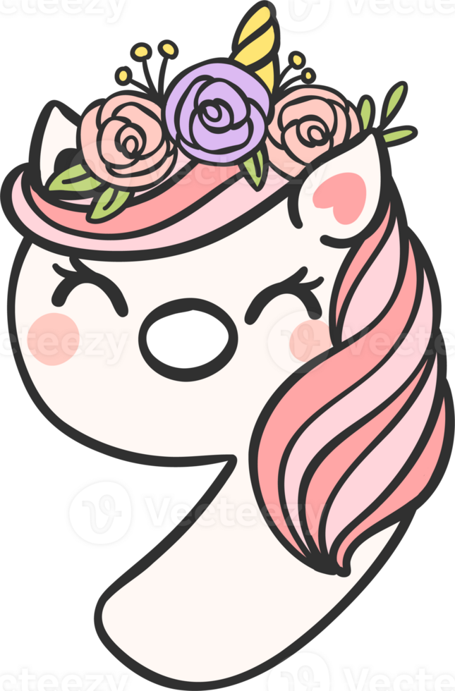 cute unicorn doodle number 9, nine with flower crown kawaii cartoon illustration png