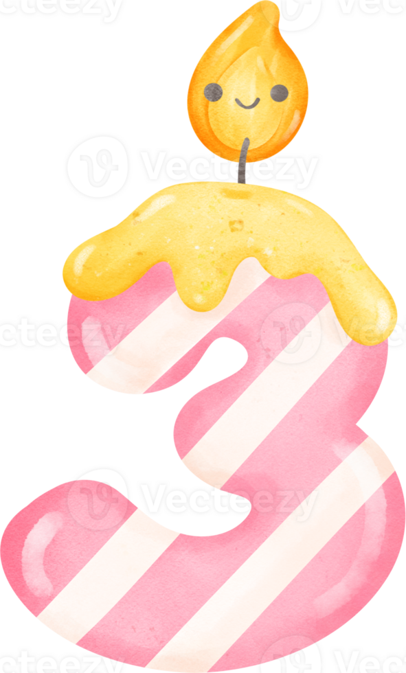 cute pink birthday candle doodle number 3, three with smile light cartoon children watercolor illustration png
