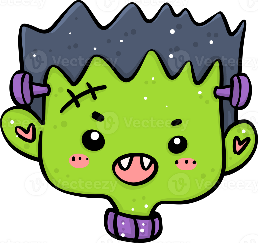 Cute Playful Halloween green dead man Costume Kid Doodle. Adorable Spooky Character outline. png